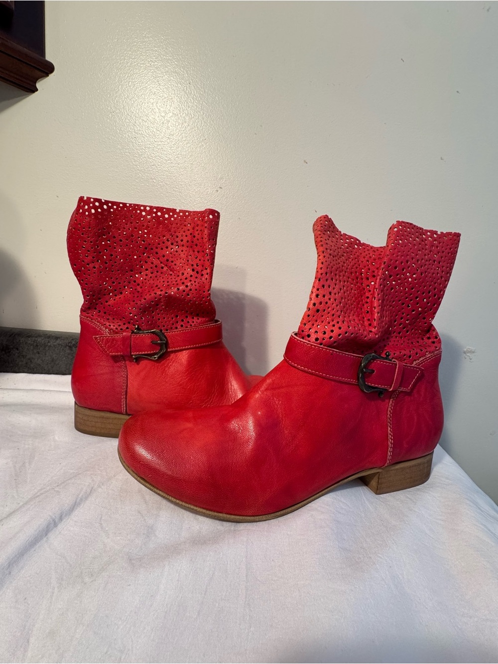 Women’s Red Perforated Leather Ankle Boots with Buckle Strap